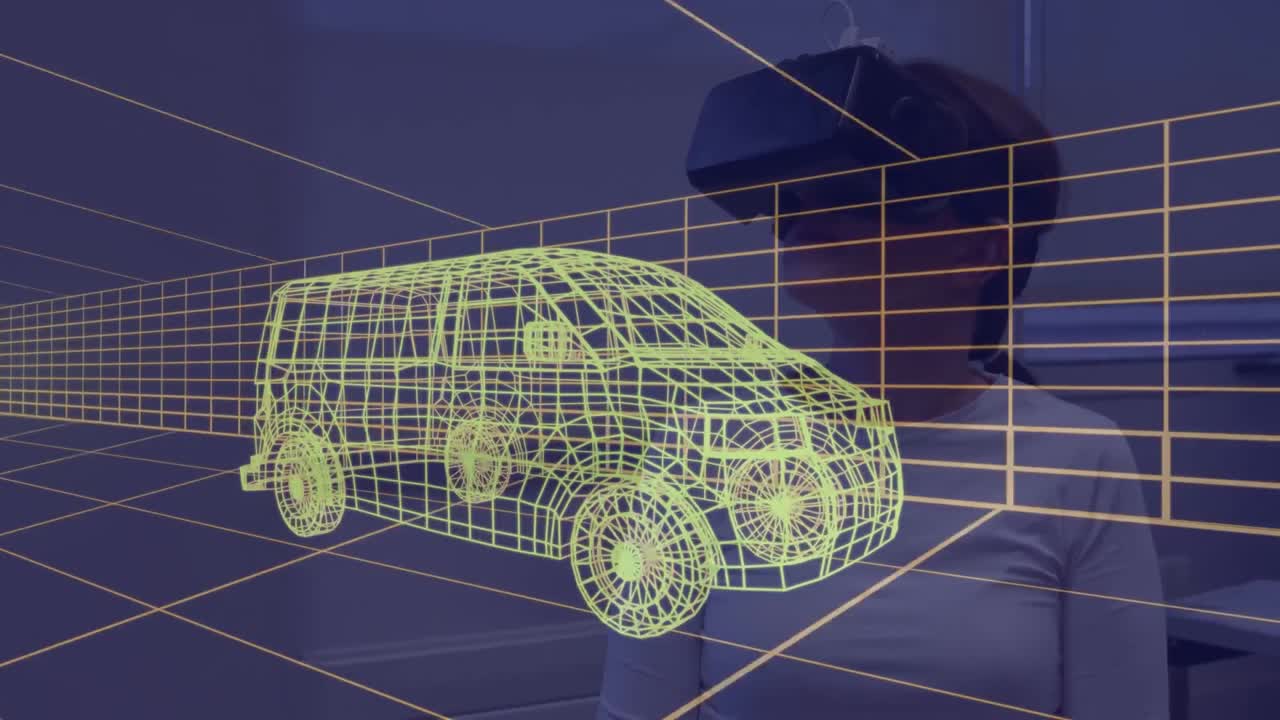 animación de un dibujo de coche en 3d sobre una mujer con auriculares vr