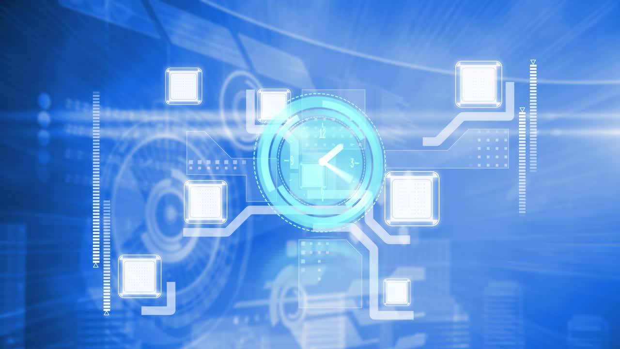 Animation of clock running against hud elements on blue digital interface