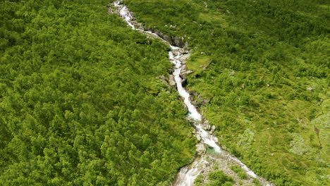 water flowing on the narrow river through the lush hydalen valley, a hidden gem in hemsedal, norway - ascending aerial drone shot