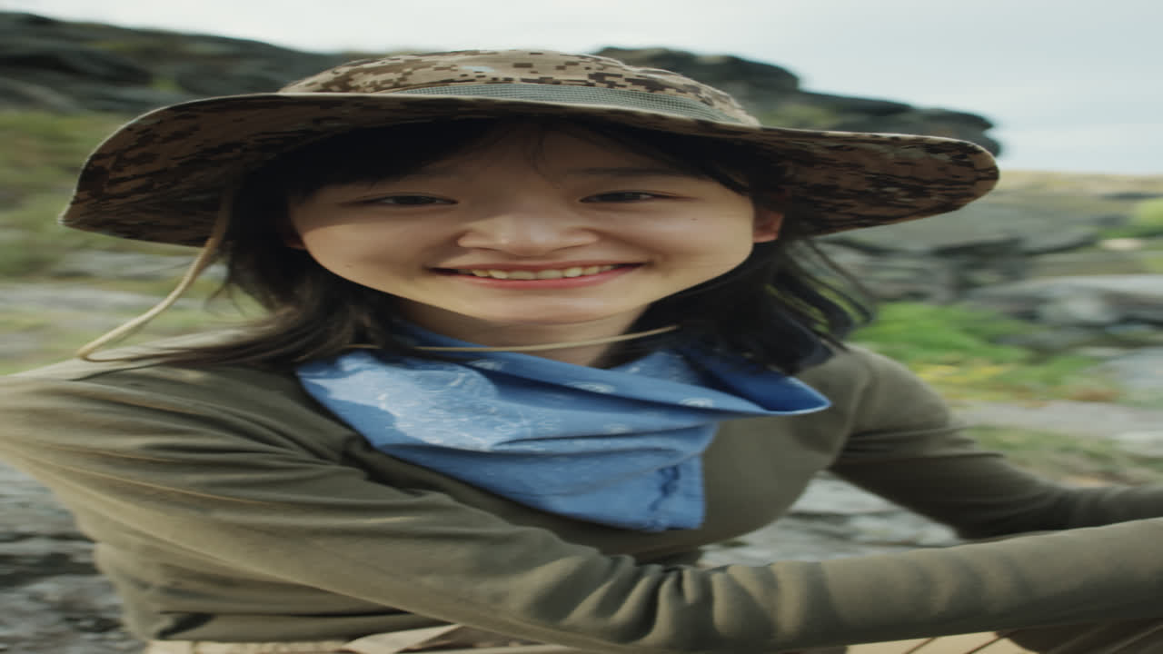 Portrait of Happy Asian Female Tourist on Hike