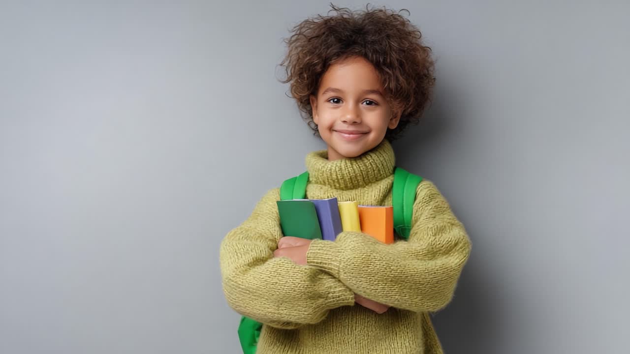Bambino allegro con capelli ricci, maglione caldo e zaino, che tiene dei libri su uno sfondo grigio: un ritratto di apprendimento gioioso e curiosità