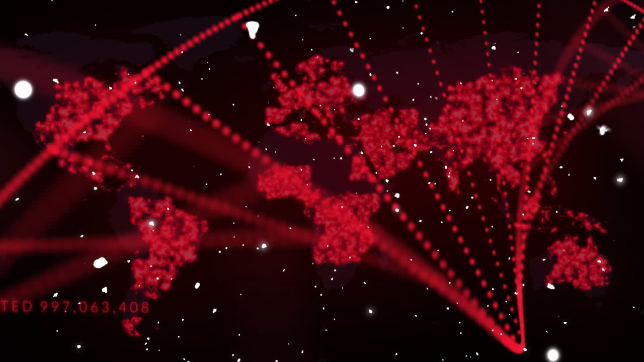 추상적인 배경에 대한 dna 나선형과 지도를 형성하는 점 위에 눈이 내리는 애니메이션