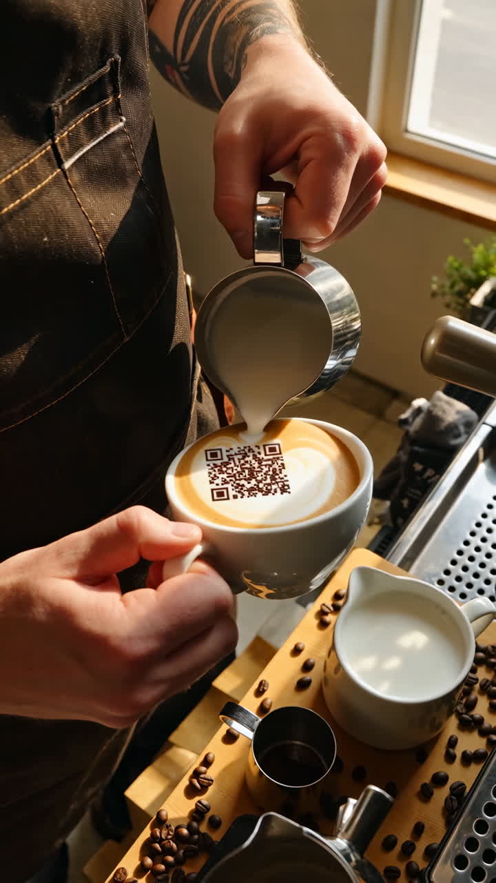 Barista creating latte art with a QR code in coffee