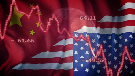 stock market decline animation over chinese and american flags