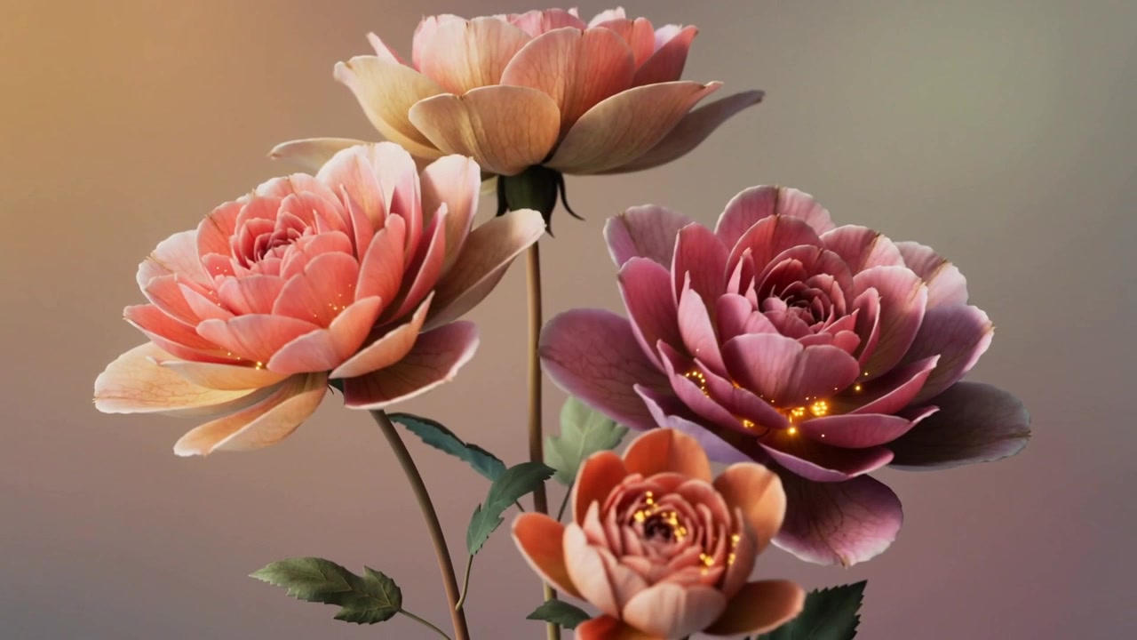La telecamera si allontana, rivelando un bouquet con steli e scintille dorate su uno sfondo sfumato da studio per mostrare di più