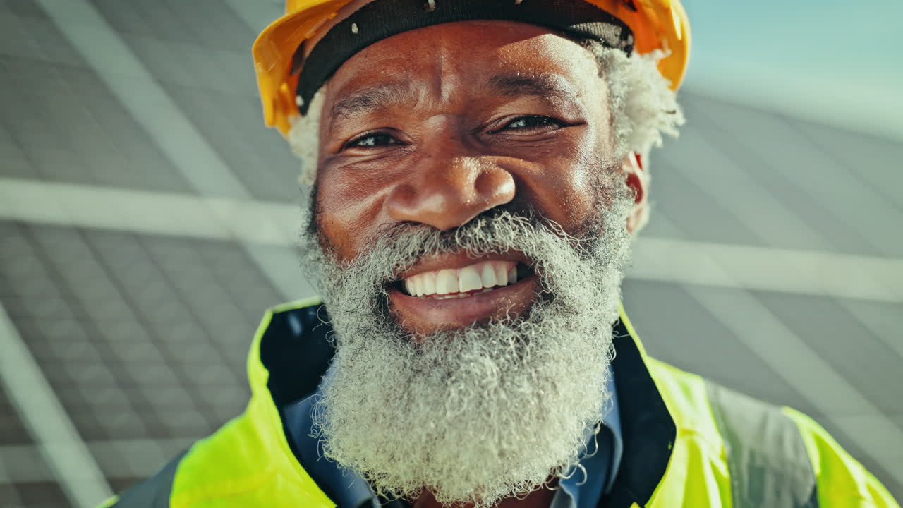 Portrait of black man at solar panel farm
