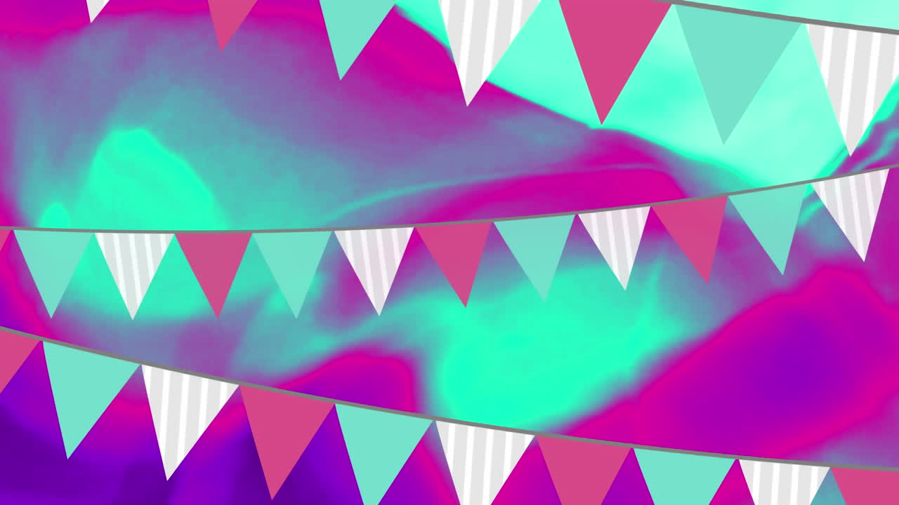Animation of hanging decorations over purple shape moving