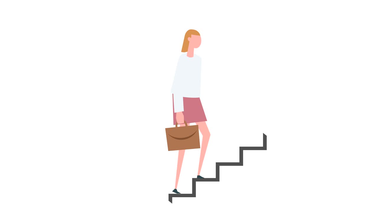 animación de personajes de mujeres coloridas. niña sube en la escalera de la carrera con la situación del maletín