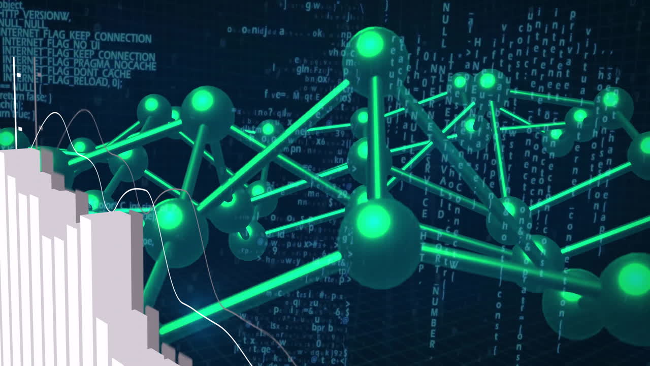 Network of connections and data processing animation over digital code background