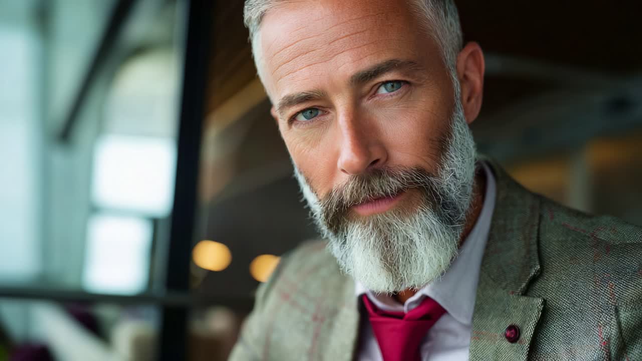 En elegant ældre mand i et stilfuldt jakkesæt med et markant gråt skæg og et selvsikkert smil, fanget i et varmt og indbydende miljø