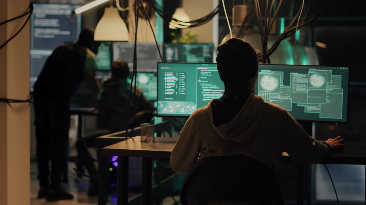 Hackers working on computers in a dark room