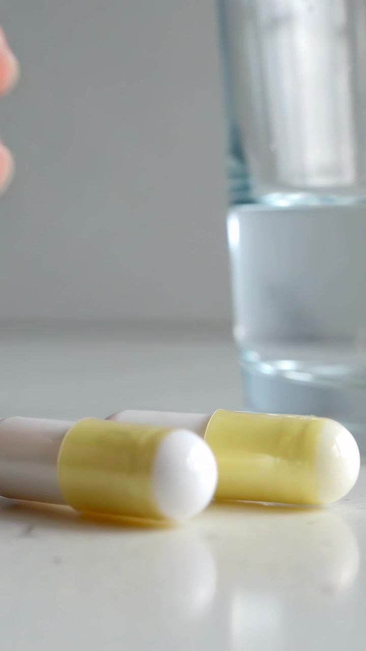 Vertical video: Reaching hand arranging two yellow-white pills on table, with glass for taking