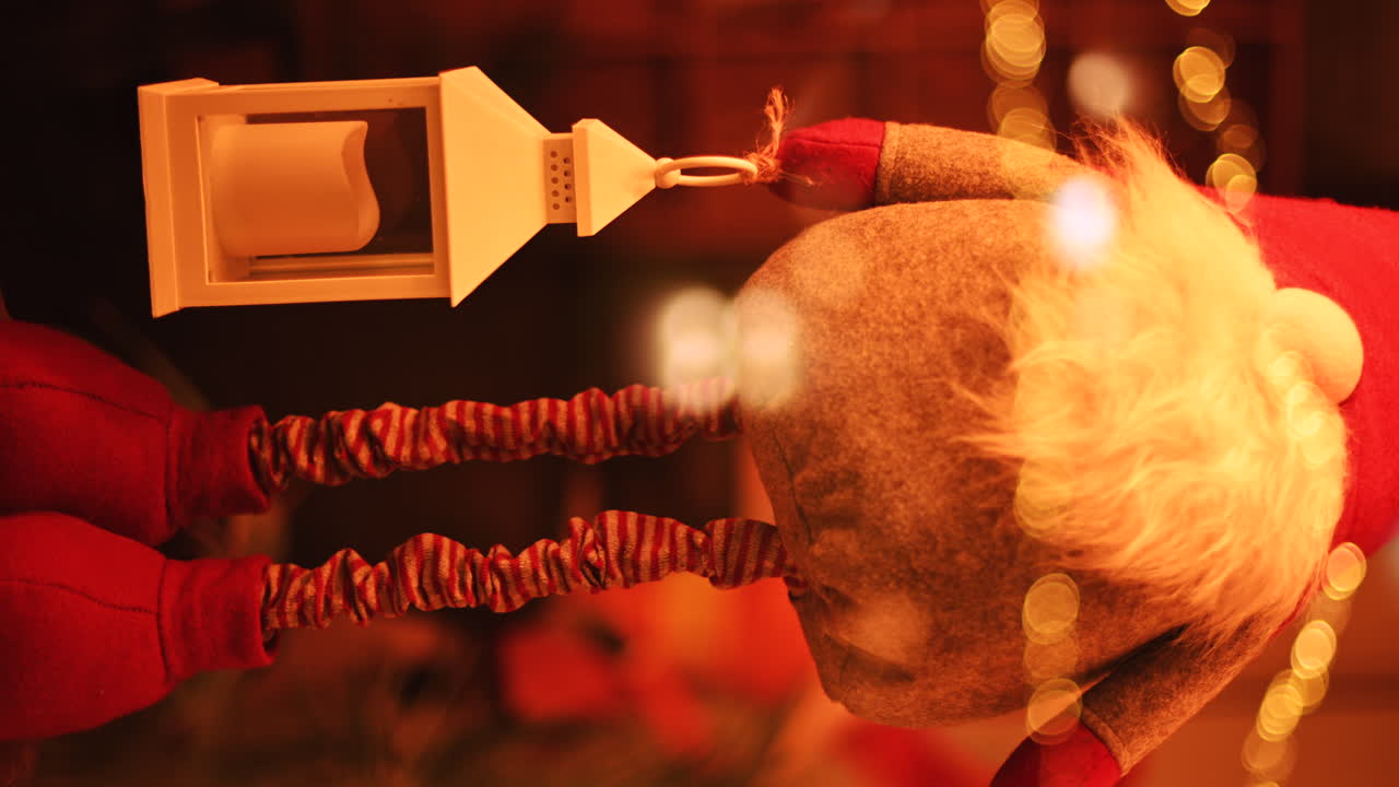 Close up of decorations on a lighted Christmas tree. Vertical