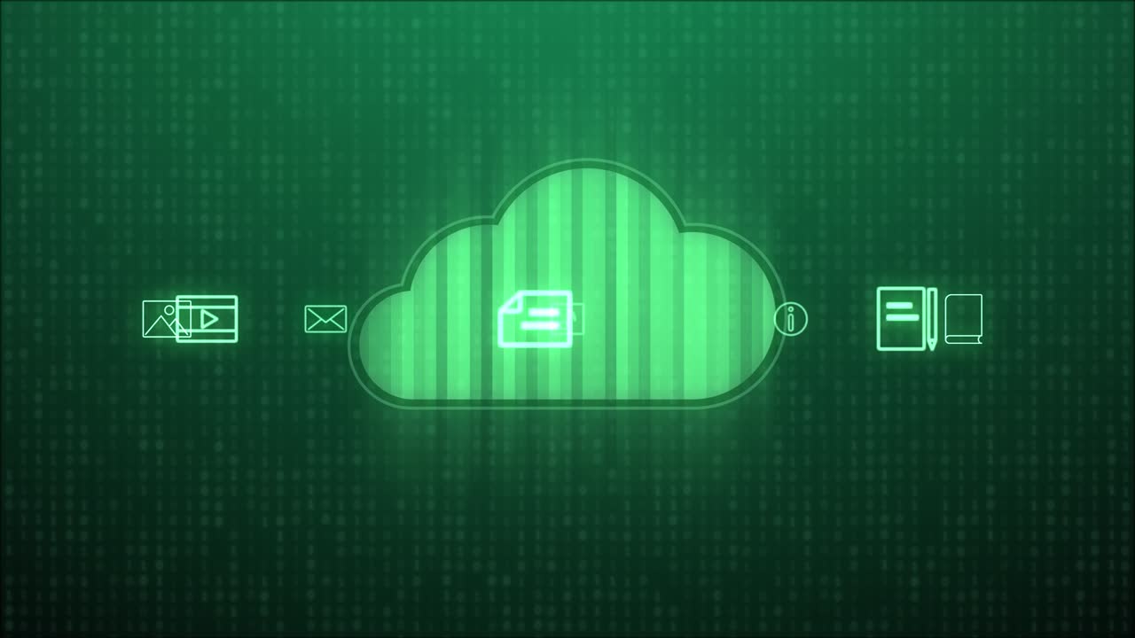tecnología de almacenamiento en la nube. animación de bucle de almacenamiento en línea en la nube e iconos. tecnologías empresariales. aplicación de servicio digital de transmisión de datos por internet. tecnologías de computación de red, alojamiento