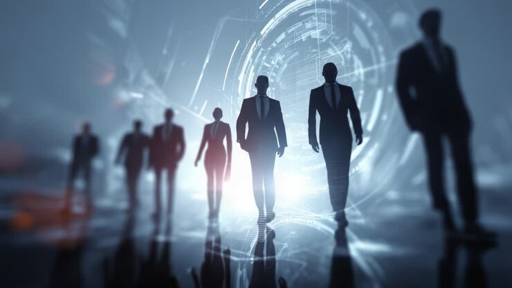 Silhouettes of determined business professionals walking confidently toward the camera, with a high tech, futuristic digital interface and abstract data visualizations in the background