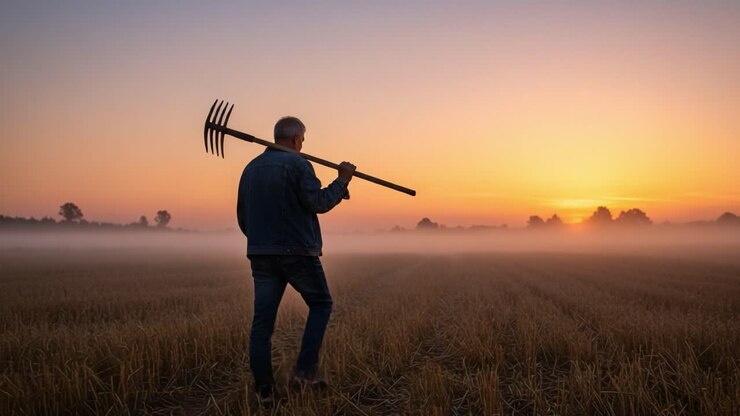 Una silhouette di un contadino che porta un forcone contro lo sfondo di un'alba mozzafiato, simboleggiando speranza, lavoro e la bellezza della vita rurale nella nebbia del primo mattino.