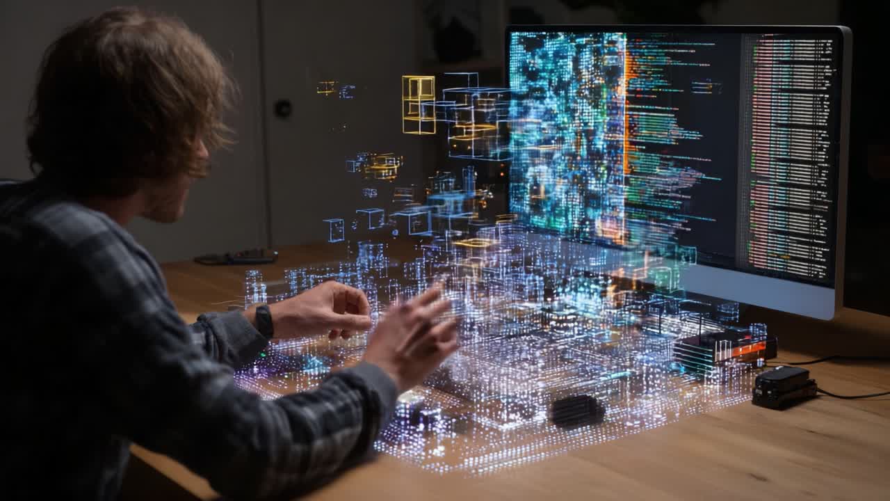 A focused individual engages with a digital interface, navigating through intricate 3D visualizations and data representations on a computer screen, highlighting technology, coding, and innovative design