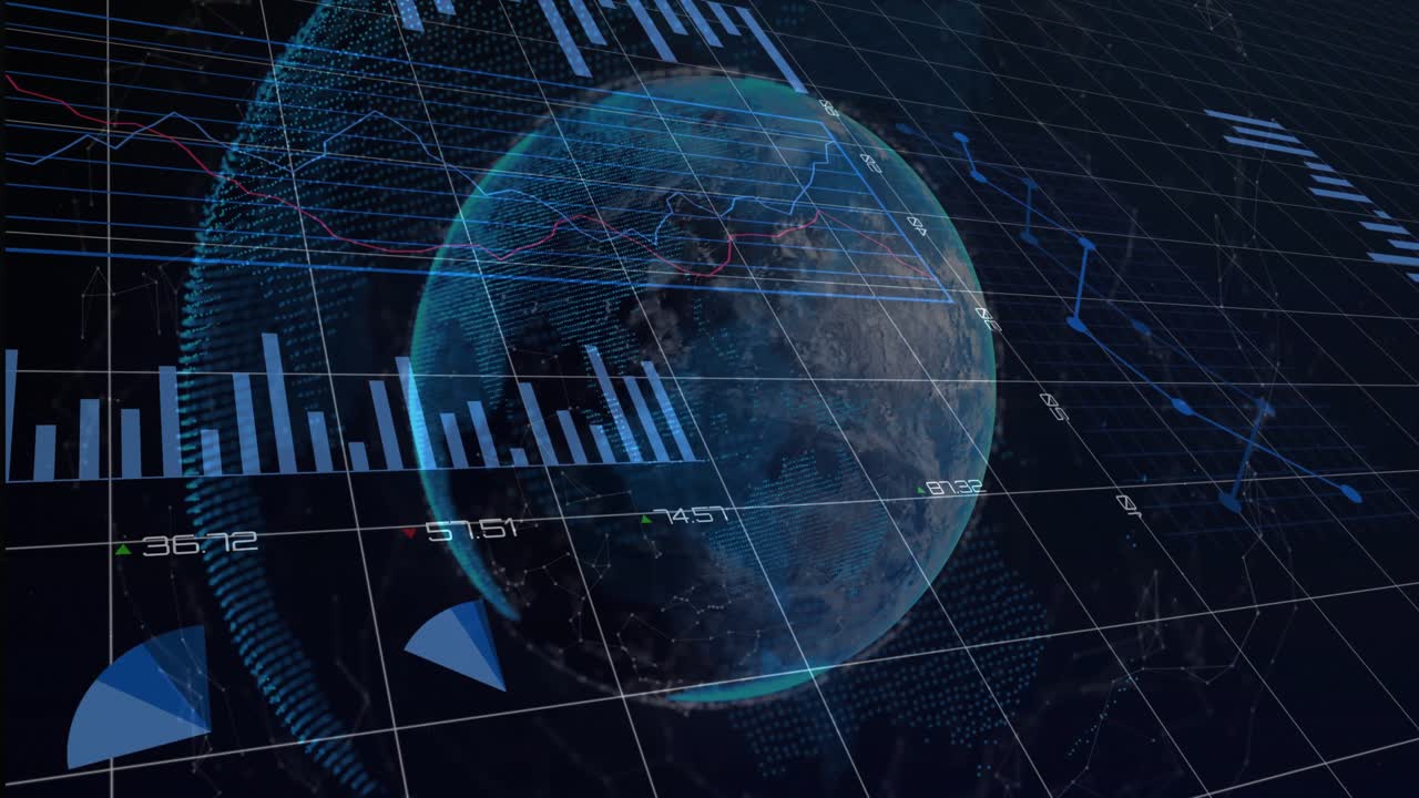 Transparent globe appearing on 3D grid starting bars rising, pie, ring chart filling conveying data