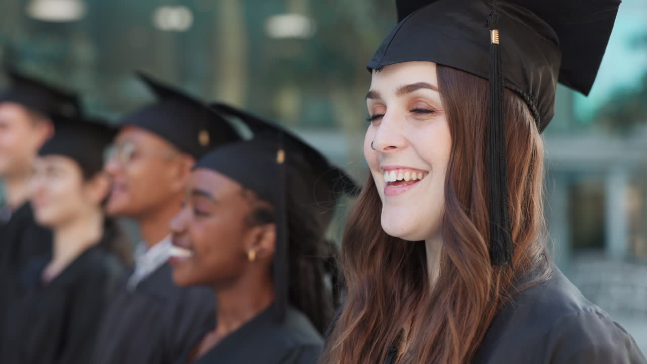 graduación, clase o cara de mujer feliz en el campus