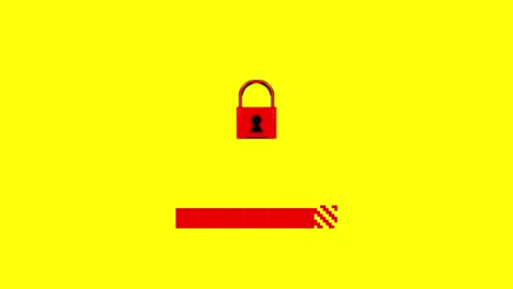 una barra de progreso de 8 bits que muestra la finalización de una tarea de decodificación, con un icono de bloqueo que cambia al estado desbloqueado
