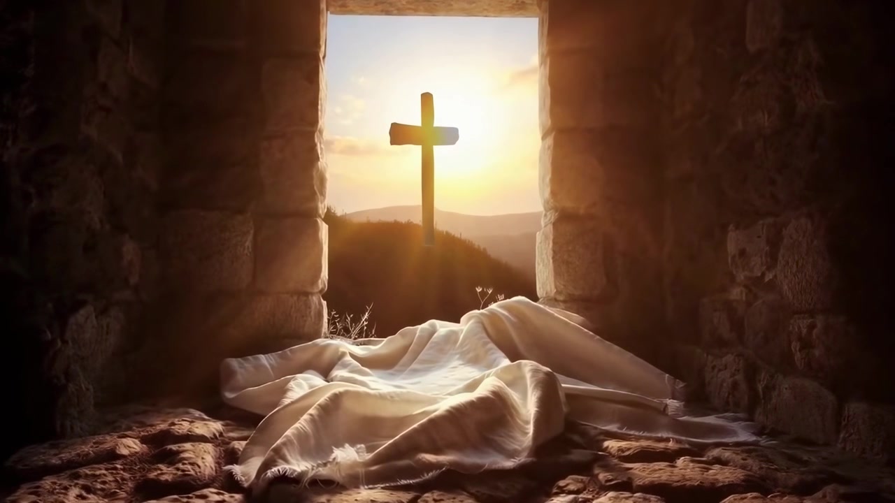 Empty Tomb with Burial Shroud and Cross at Sunrise