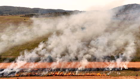 High aerial view of laborer lighting vegetation with drip torch for firebreak