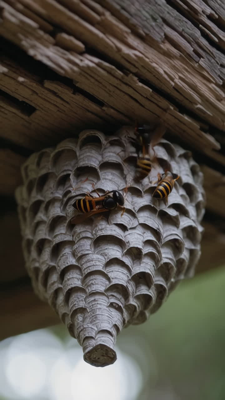 Wasp Nest Hanging from Wooden Beam