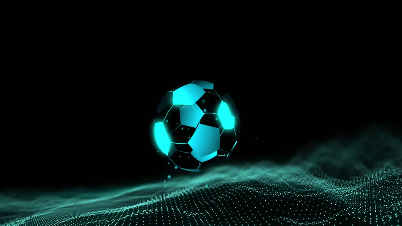 Animation of digital football over blue spots on black background ...