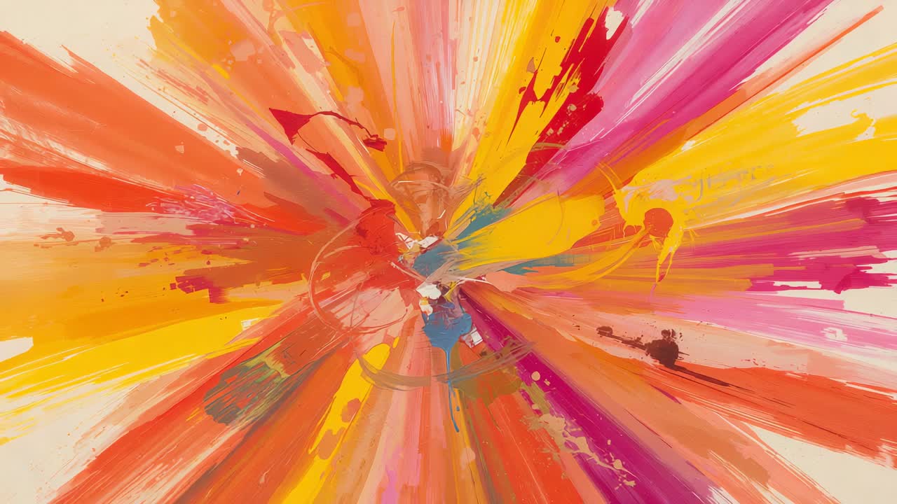 Rotating flat surface on canvas showing paint pool and radial burst spreading out, colors blending