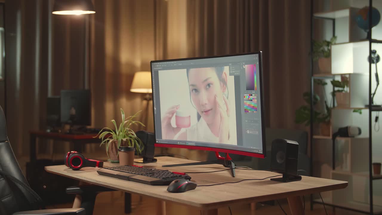 Desk With Photo Editing Software On Personal Computer With Big Display At Night