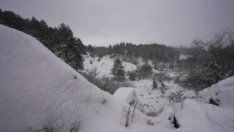 Winter-panorama-postcard-with-snowing-on-mountain-and-forest-at-a-winter-cold-day