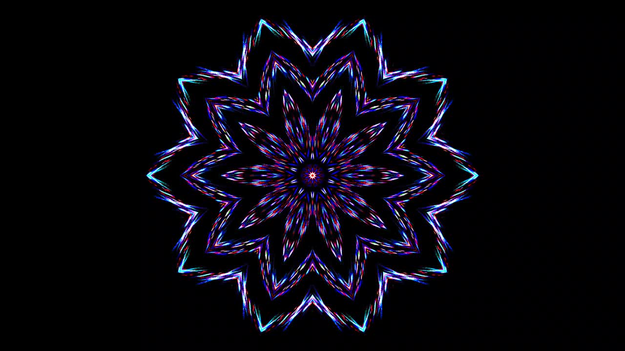 rayas azules ondas brillantes forma de flor, caleidoscopio fondo negro