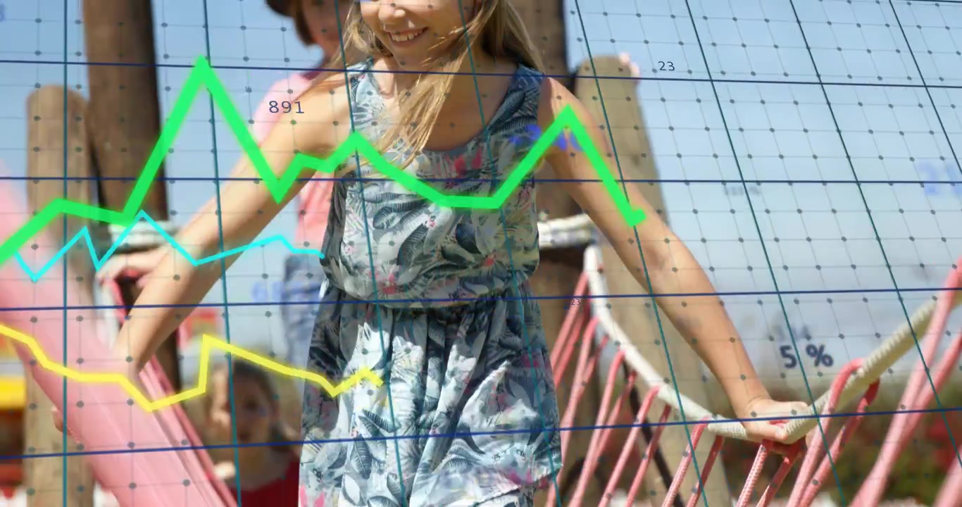 Ragazza che si bilancia su un ponte di corda, il passo inizia, la telecamera si muove, griglia di linee verde-giallo-ciano che insegnano