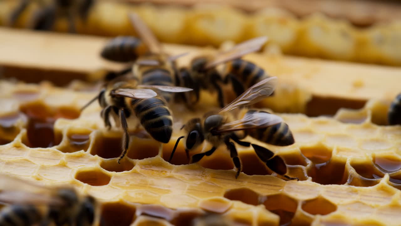 Primo piano di api mellifere che lavorano su un favo d'oro.