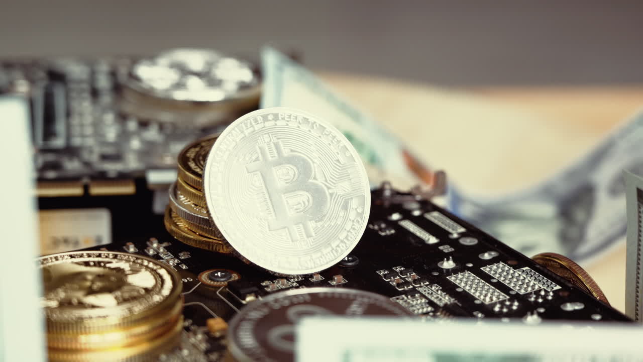 Composition with golden and silver bitcoin crypto money, dollars and computer graphic mining cards