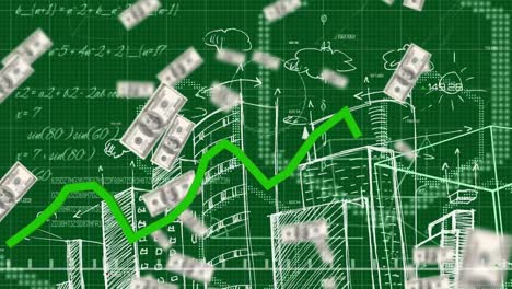 animation of financial data processing and banknotes over cityscape