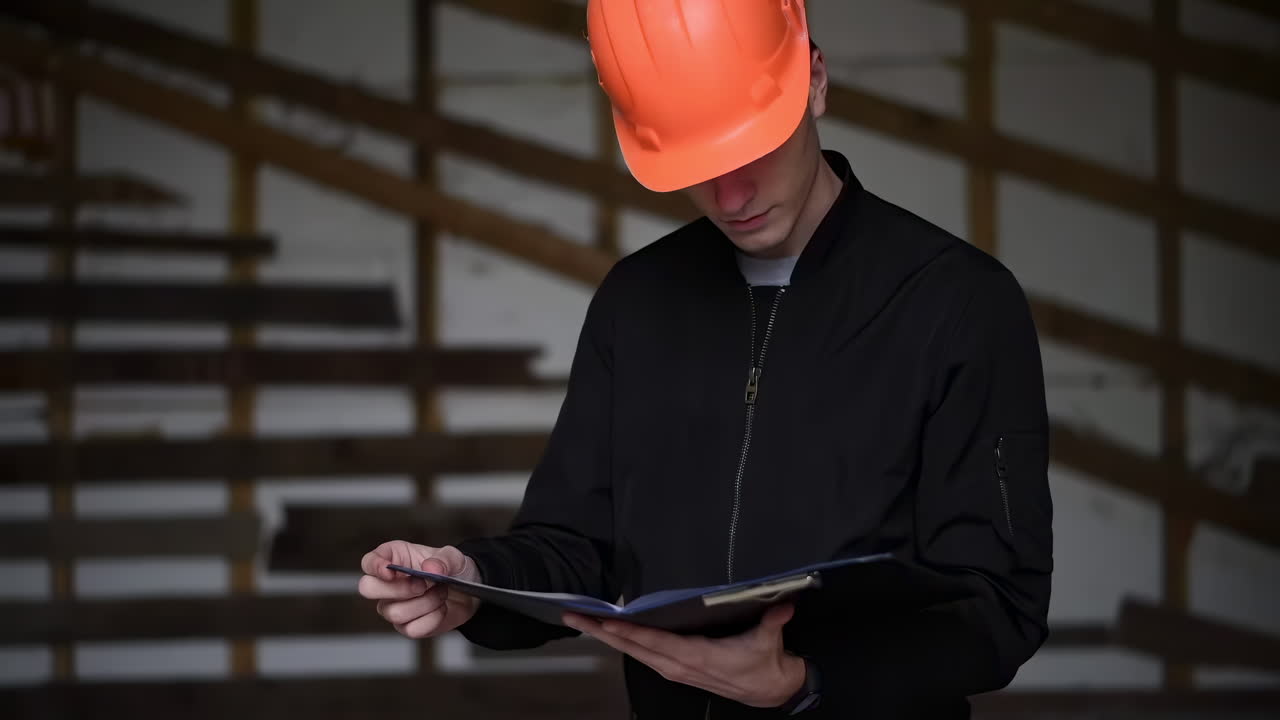 A site manager wearing an orange safety helmet reviewing documents on a construction site
