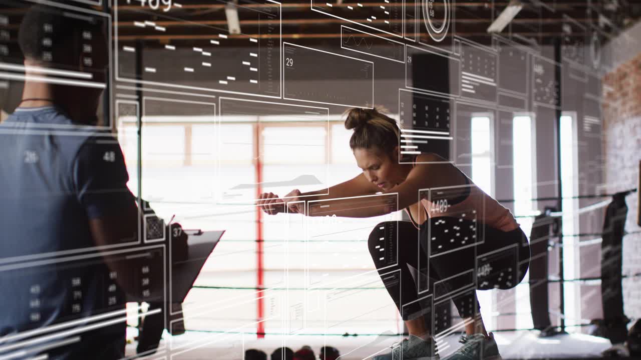 Woman adjusting hands starting HUD fitness tracking hopping onto plyo box squatting coach at laptop