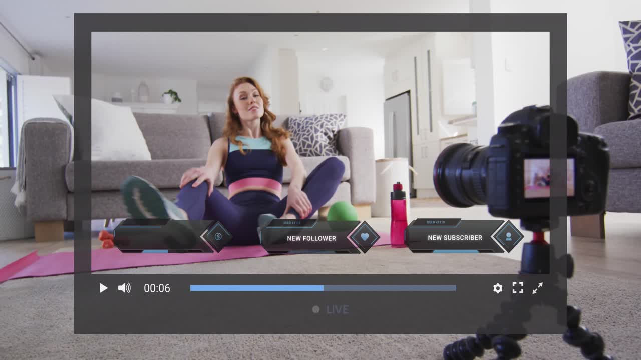 Animation of data processing over caucasian woman exercising recording fitness vlog