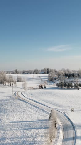 vertical aerial view of winding snow road in countryside landscape. early morning sunrise with hoar frost on the trees. rural area with family houses in winter season.