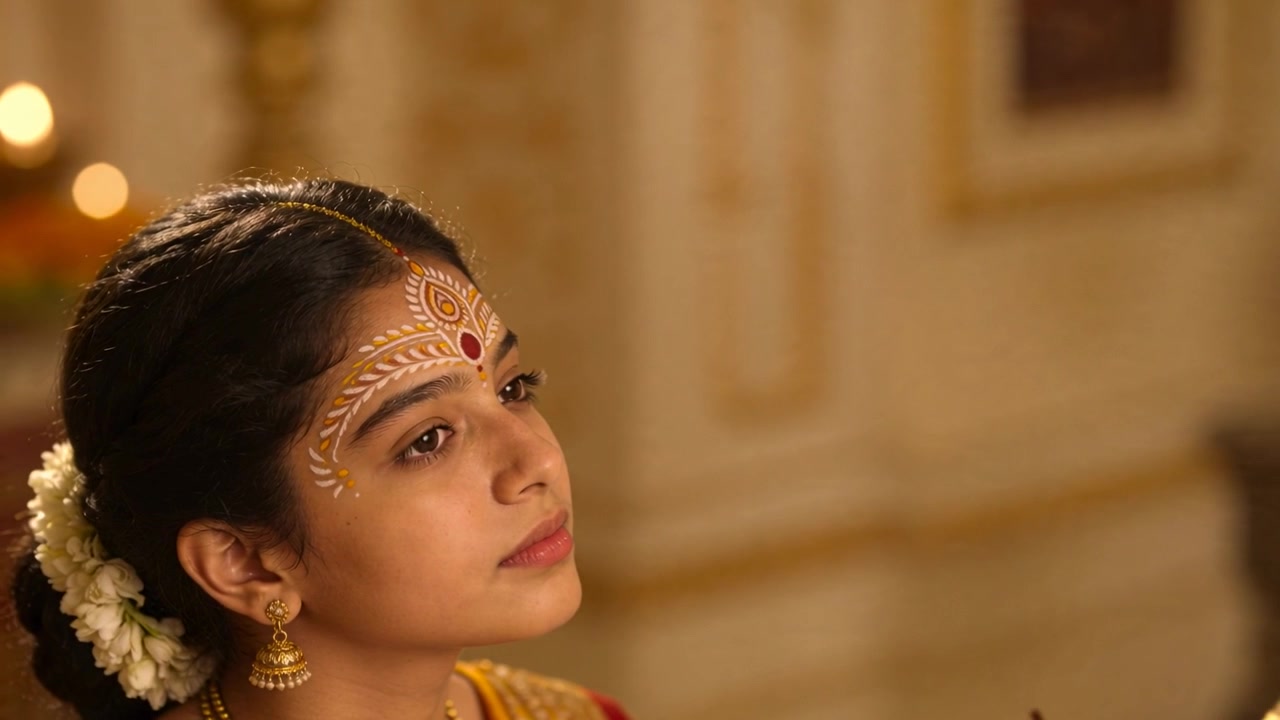 Mère penchée peignant des filigranes blancs et un bindi rouge sur sa fille pour un rituel à la maison, sari, pinceau.