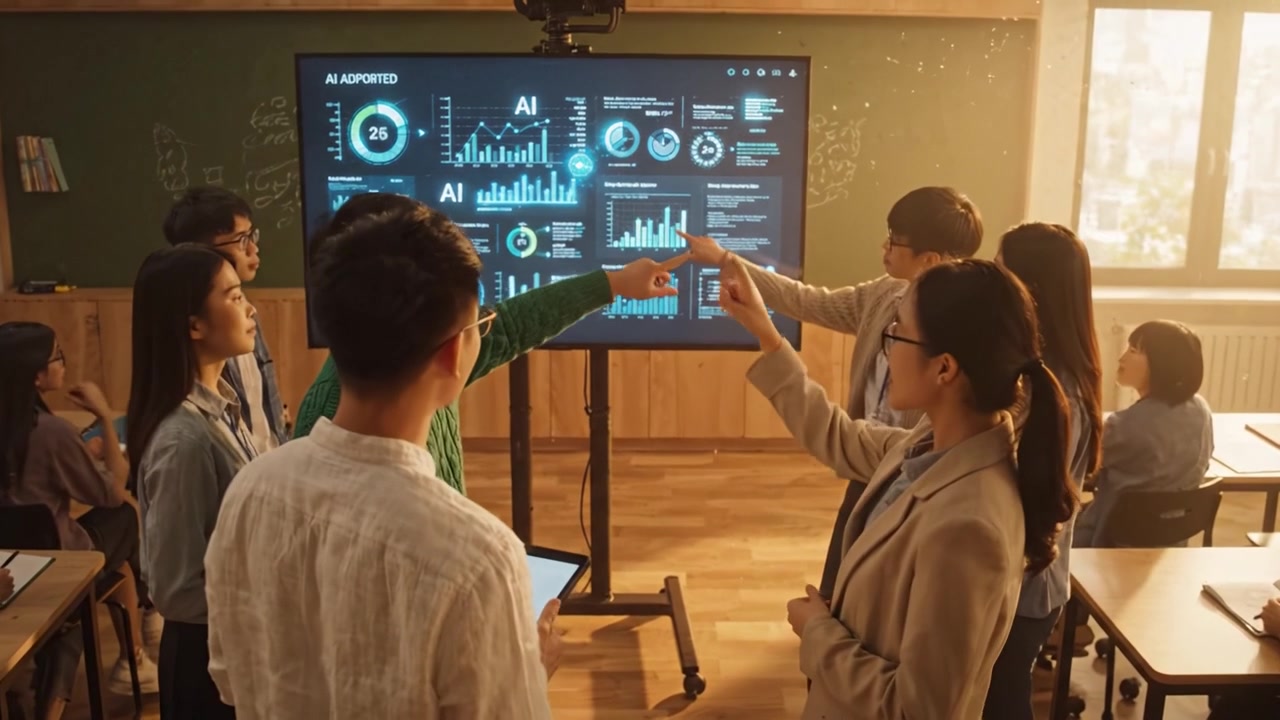 Engaging Classroom Discussion Focused on Artificial Intelligence Insights and Data Analysis Techniques Presented on Interactive Display Screen