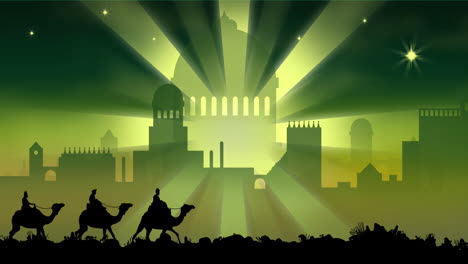 animation of silhouette of three wise men on camels over cityscape on green background