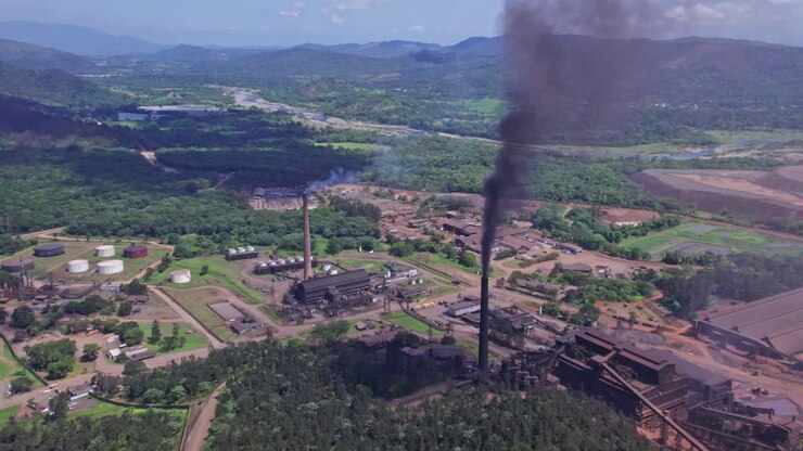Aerial view around the Falconbridge Dominicana facility in Dominican republic - circling, drone shot