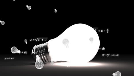 animación de iconos de bombillas y ecuaciones matemáticas sobre bombillas sobre fondo negro