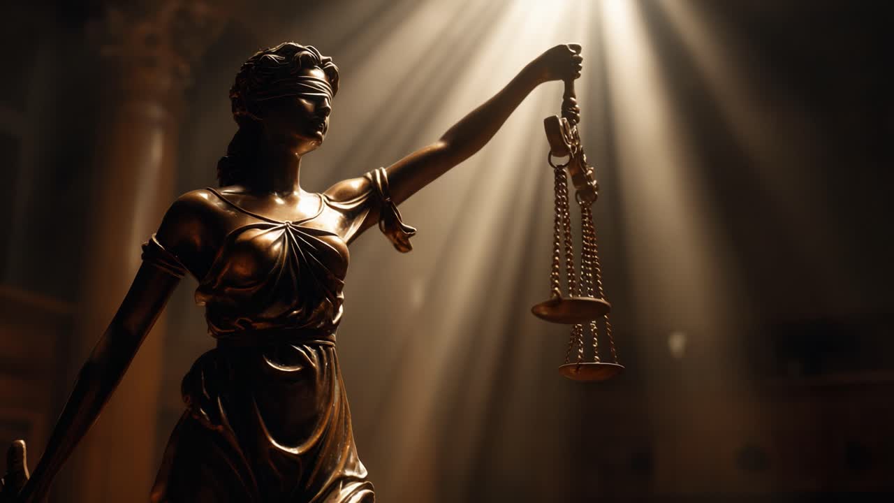 A Powerful Symbol of Justice and Fairness: The Statue of Lady Justice Holding Weights Represents Impartiality and Law in a Dimly Lit Courtroom Setting