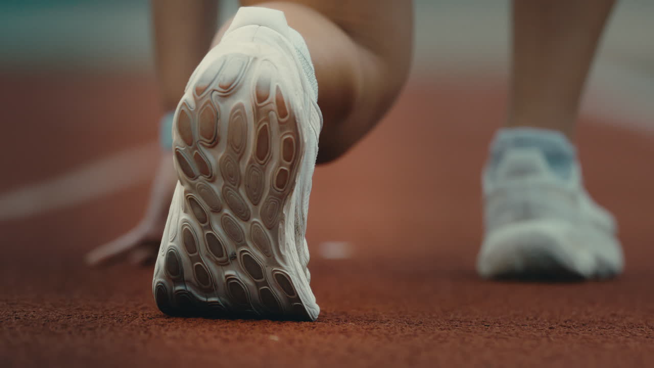 Atleta di atletica leggera in partenza in slow motion estremo, scarpe da sprint del corridore in macro primo piano in 4k a 800fps, un piede avanti
