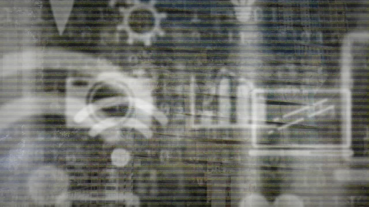 animación de múltiples iconos digitales sobre el procesamiento de datos de codificación binaria contra un fondo negro.