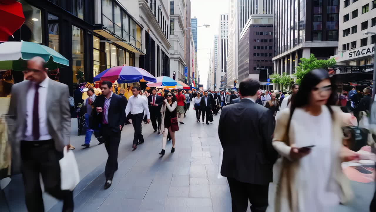 Busy City Street Scene with Pedestrians and Street Vendors