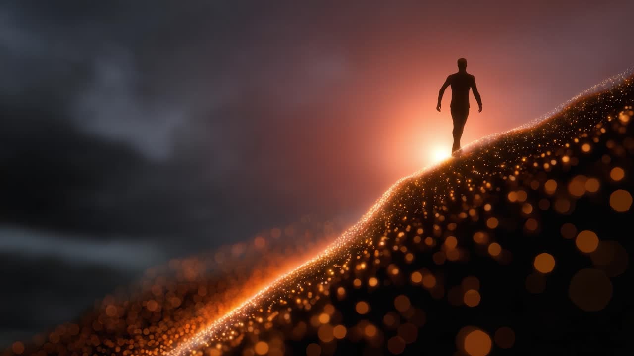 A silhouetted figure walks along a shimmering hill, surrounded by a glowing landscape of vibrant orange lights against a moody dusky sky, symbolizing journey and transcendence